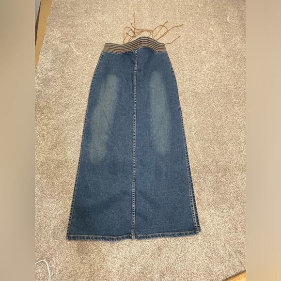vtg Y2K 00s boho grunge western Bubblegum Long Maxi denim Skirt High Slit 5/6 - Picture 2 of 13